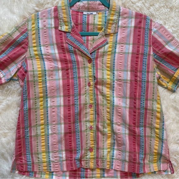 Ms Lee Coastalcore Rainbow Plaid Button Up Top Seersucker Retro Y2K‎ Size 6/8 - Picture 6 of 9